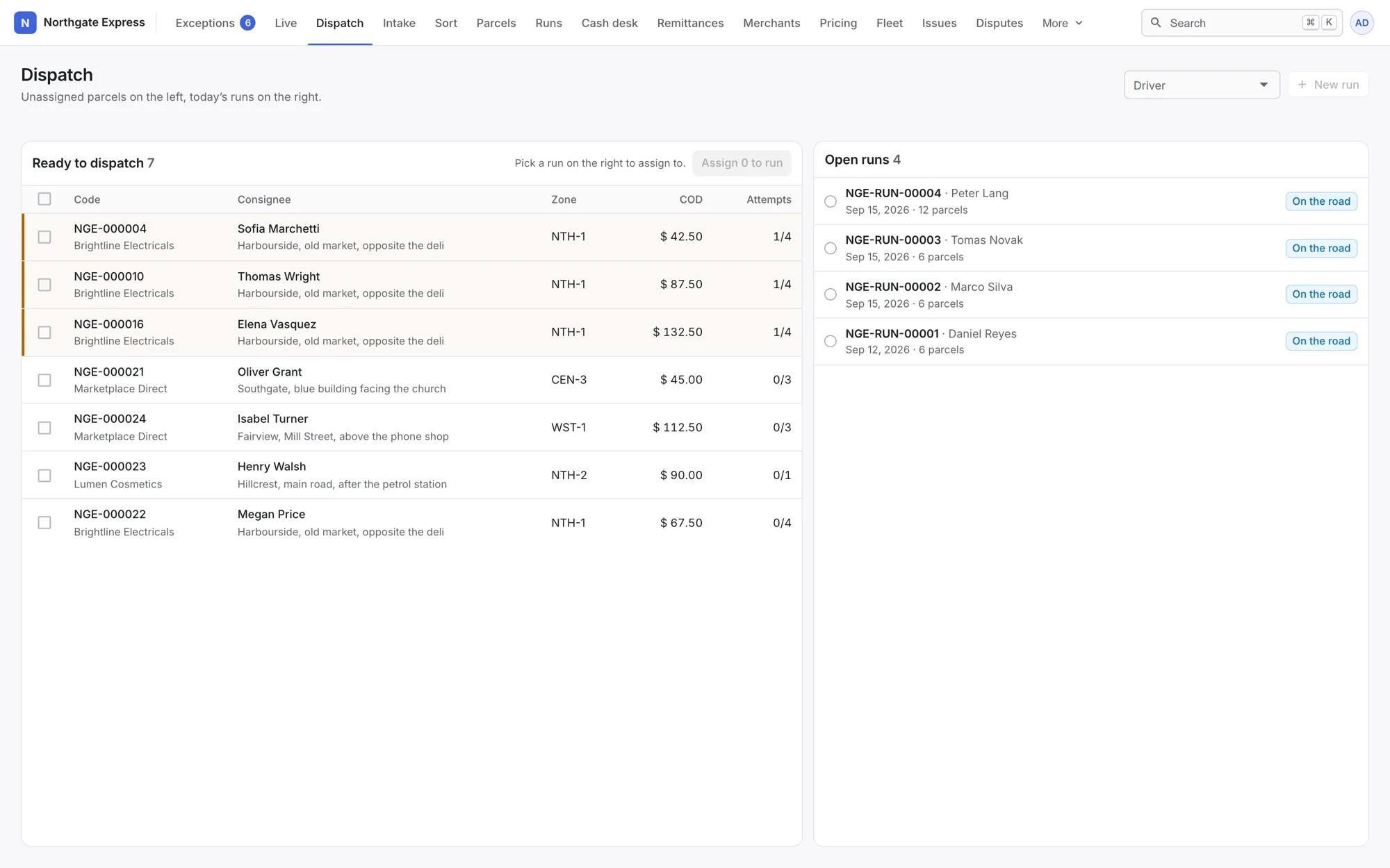 Meridian’s dispatch screen, with unassigned parcels on the left and the day’s open driver runs on the right.