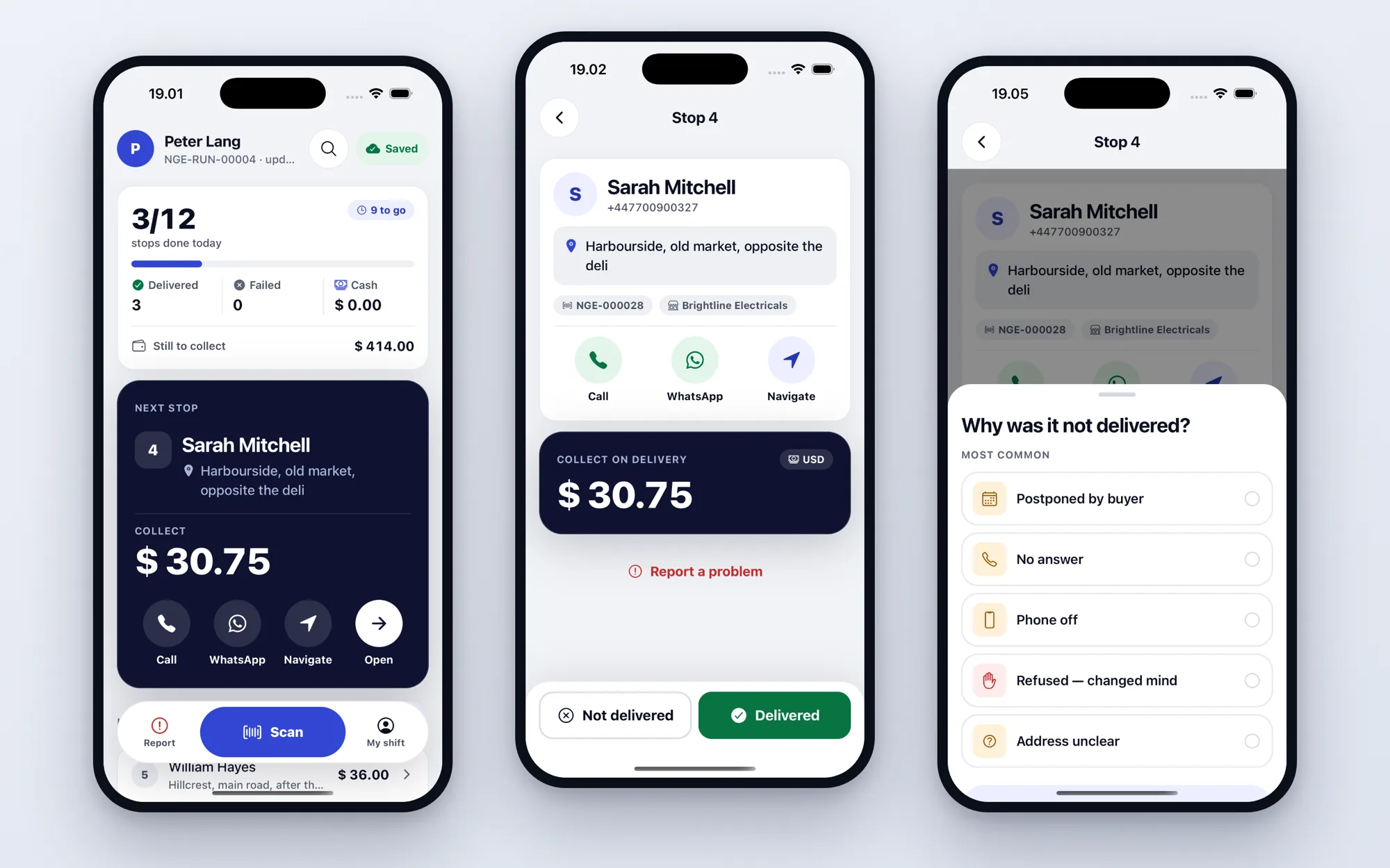 Three screens of the Meridian driver app: the day’s run, a stop with the amount to collect, and the reasons a delivery can fail.