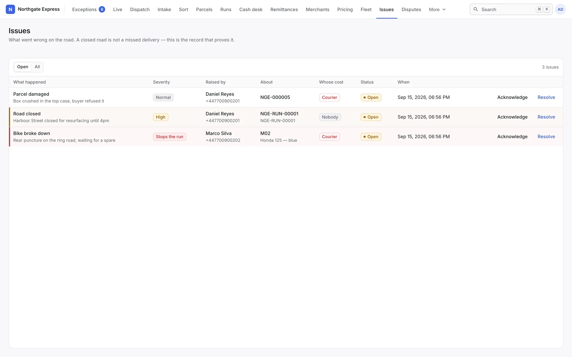 Meridian’s issues screen, listing a damaged parcel, a closed road and a broken-down bike, each with severity and cost.