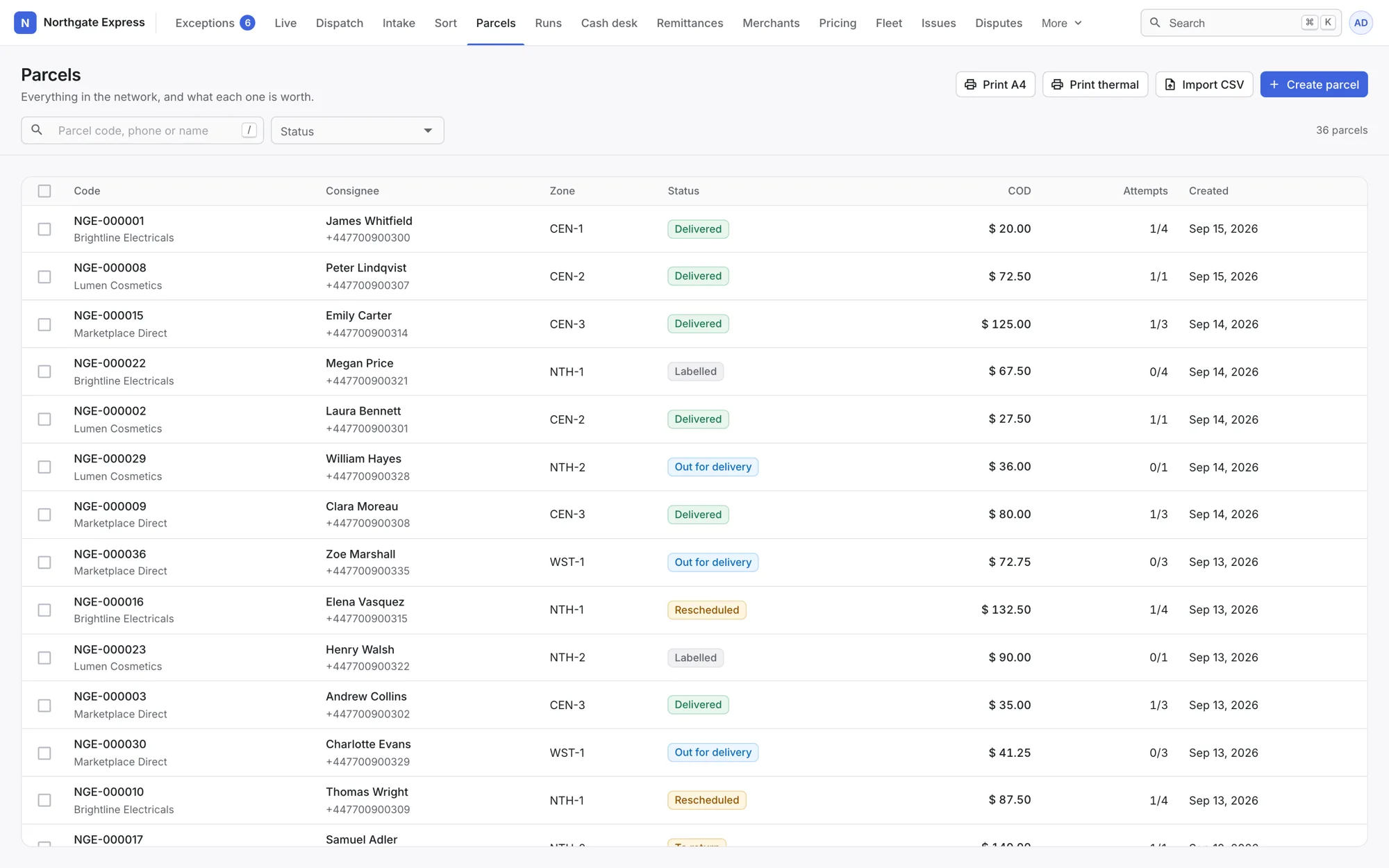 Meridian’s parcel list, showing every delivery with its recipient, area, status and the amount due on it.