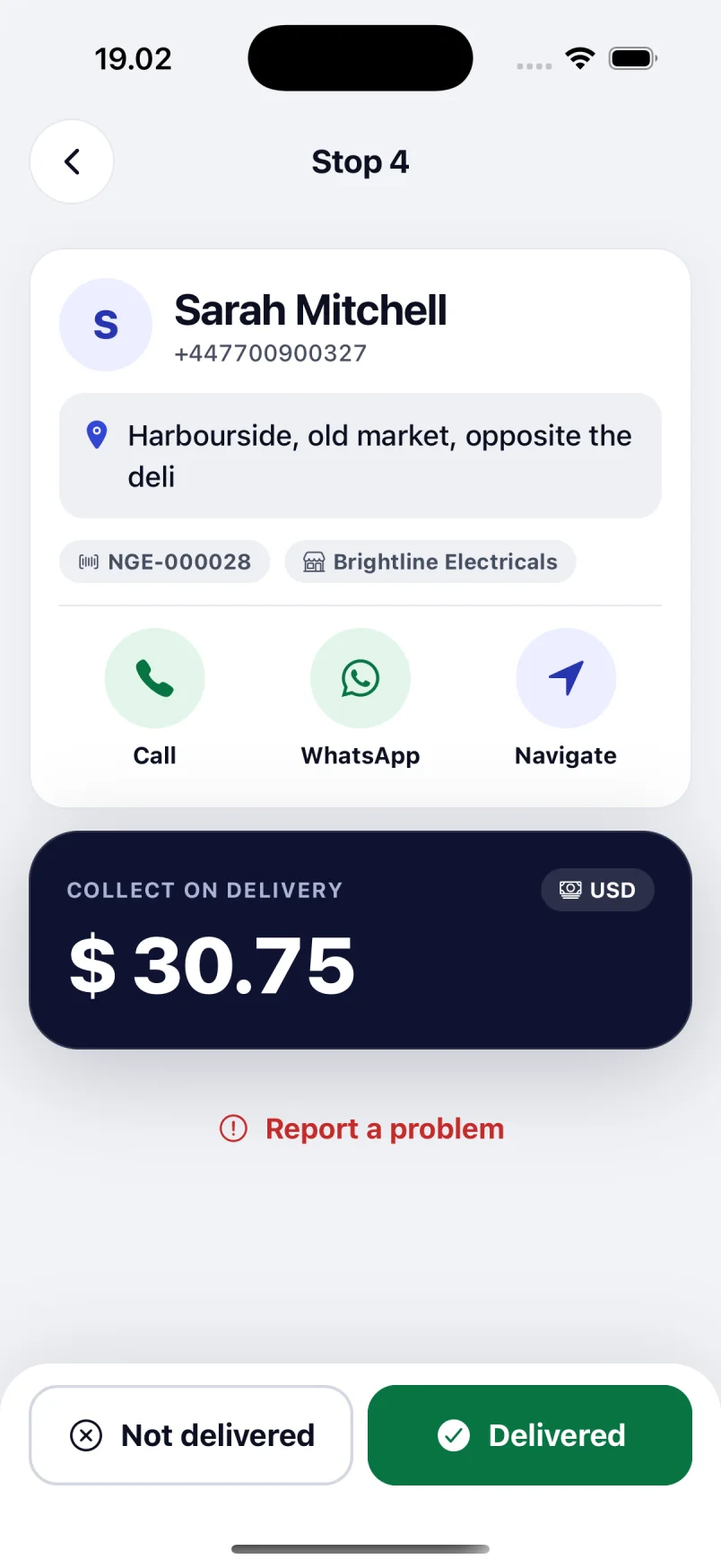 A stop in the Meridian driver app, with the recipient’s details, call, message and navigate buttons, and the amount to collect.