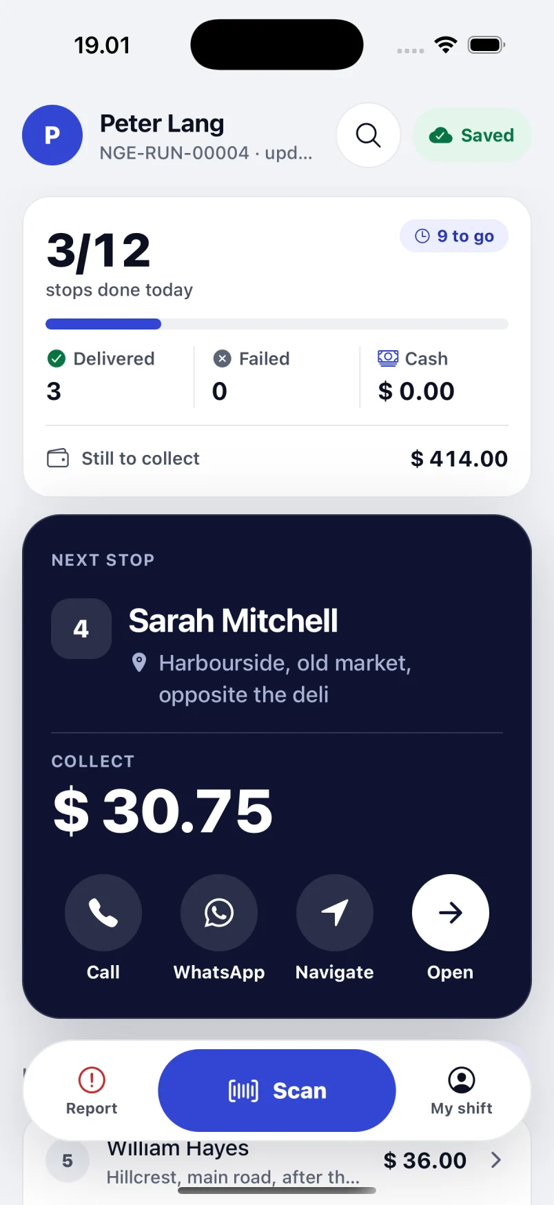 The Meridian driver app on a phone, showing the day’s progress, the cash still to collect and the next stop.