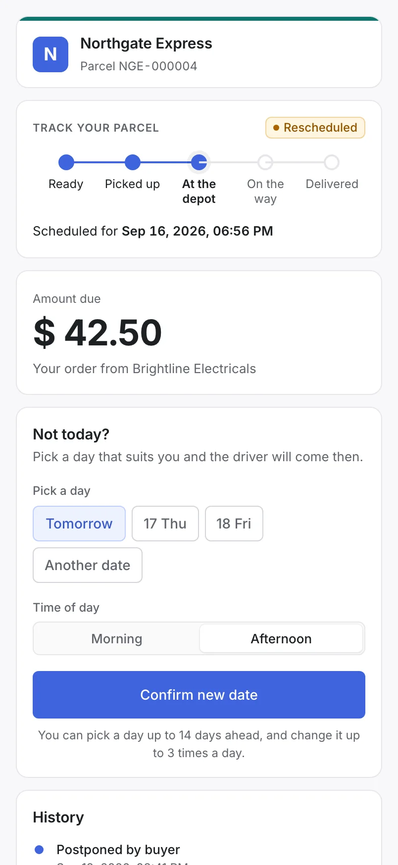 The Meridian tracking page on a phone, showing the amount due and a control to choose a new delivery day.