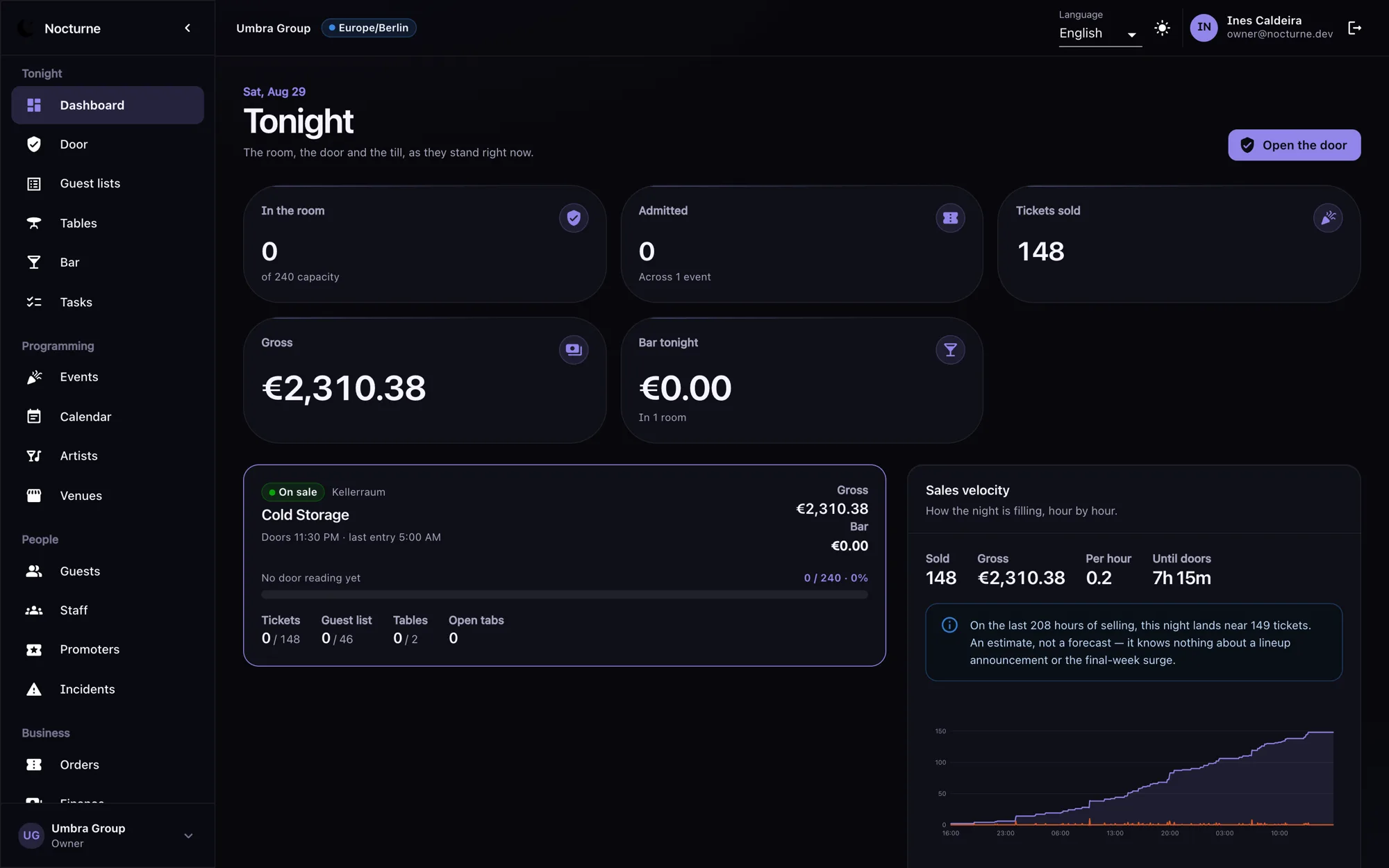Nocturne's main screen, showing how full the room is, how many tickets have sold and what the night has taken so far.