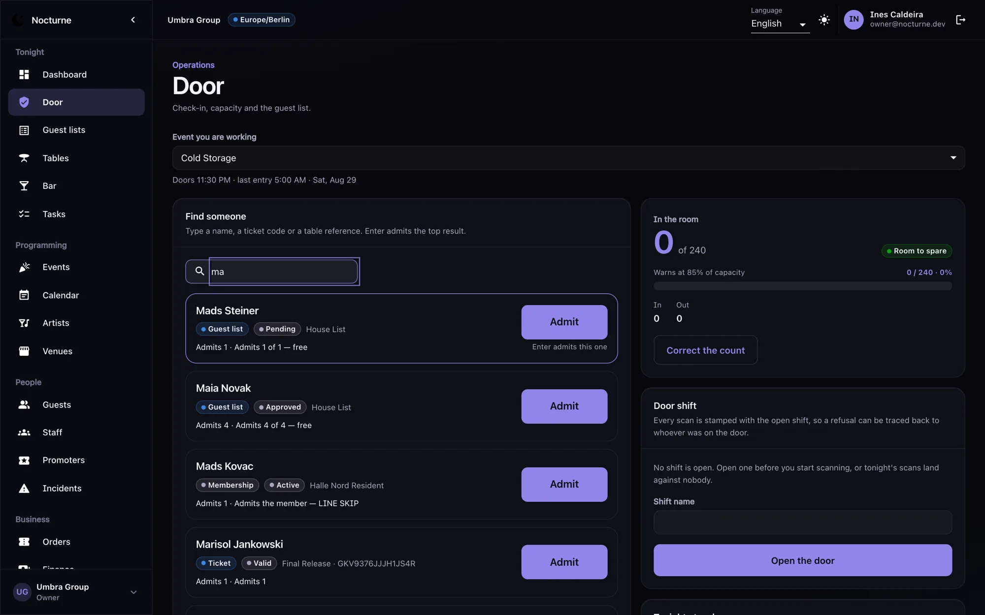 Nocturne's door screen, showing a guest search with results and a live count of people in the room.