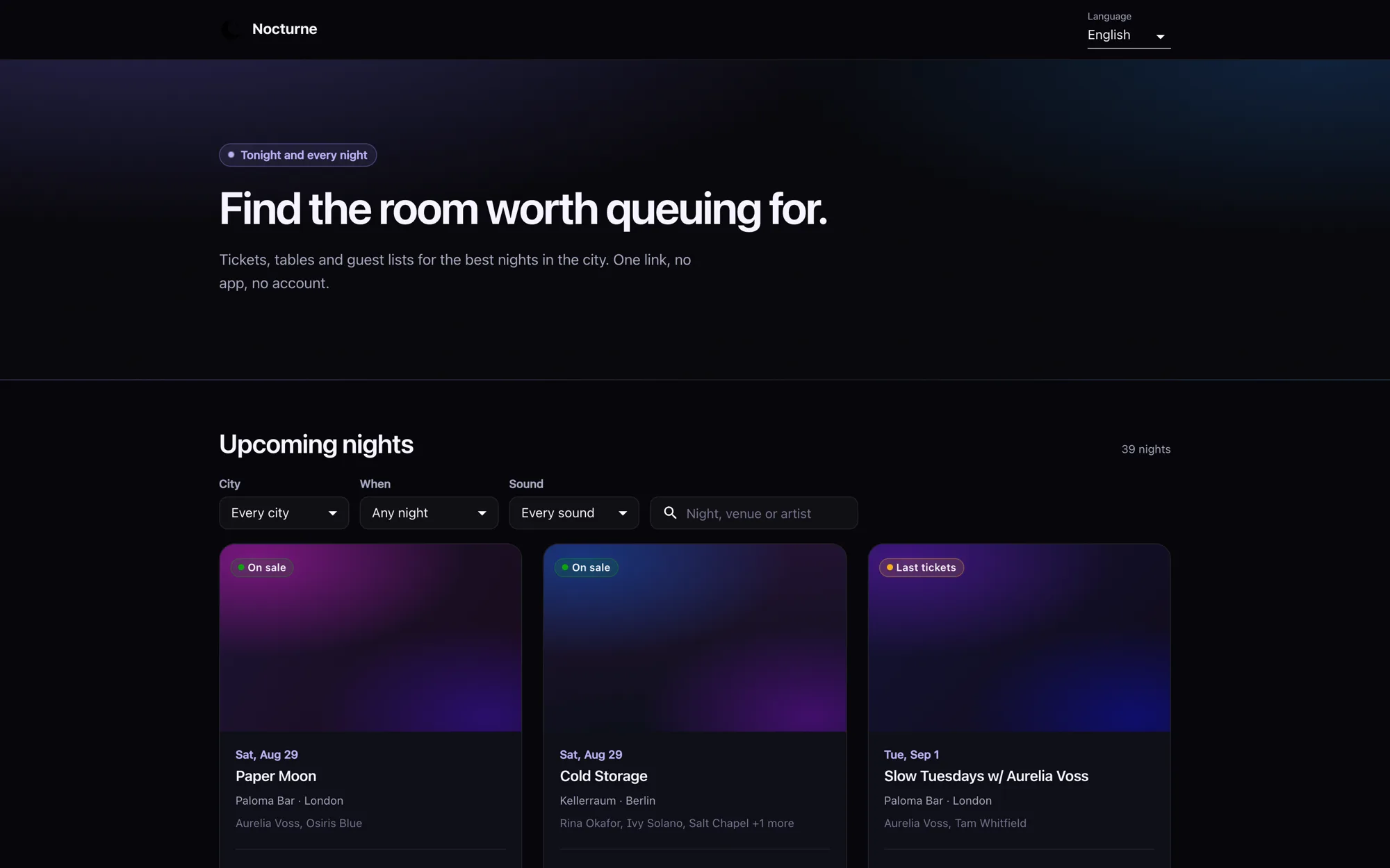 The public Nocturne site, listing upcoming club nights across several cities with tickets on sale.