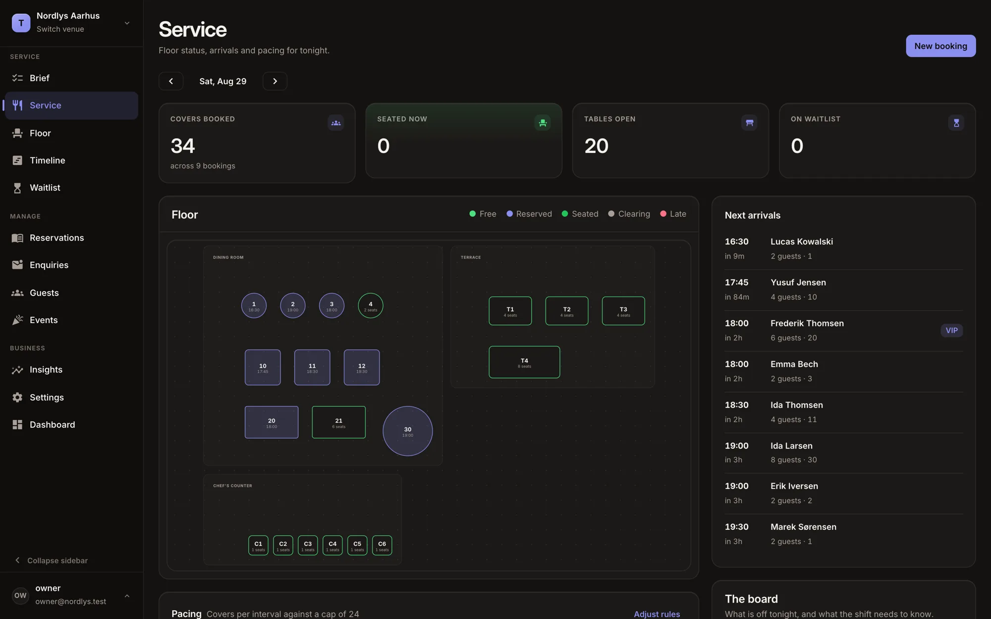Tablecraft’s service screen, showing covers booked, tables open, the floor plan and tonight’s arrivals side by side.