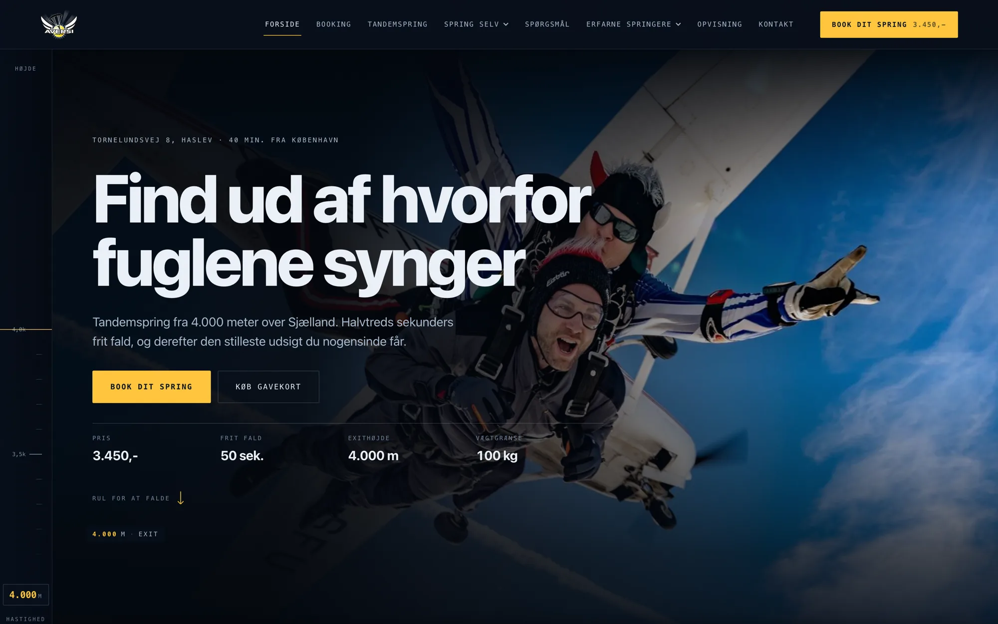 The Aversi Faldskærms Club homepage: a tandem skydiver in free fall behind the headline "Find ud af hvorfor fuglene synger", with jump price, free-fall duration, exit altitude and weight limit listed beneath.